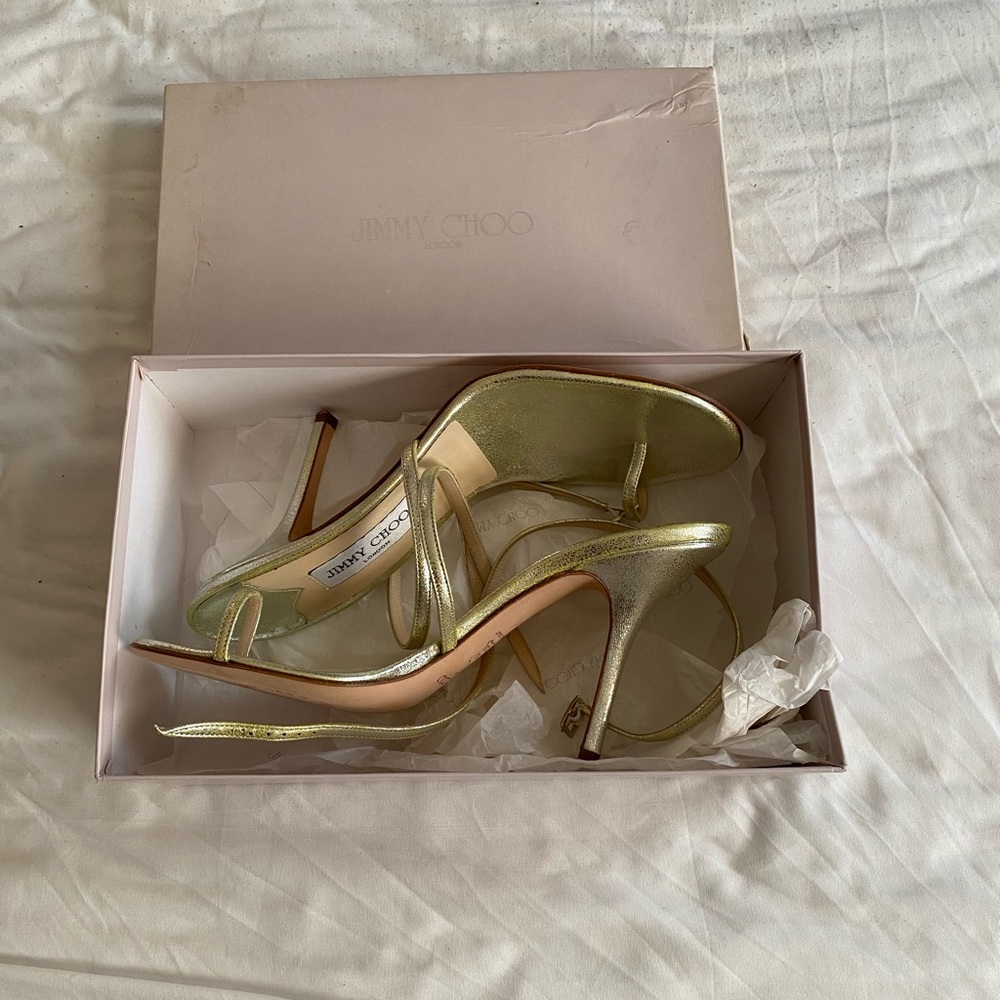 Jimmy Choo, gold, heel sandal, 9’5.